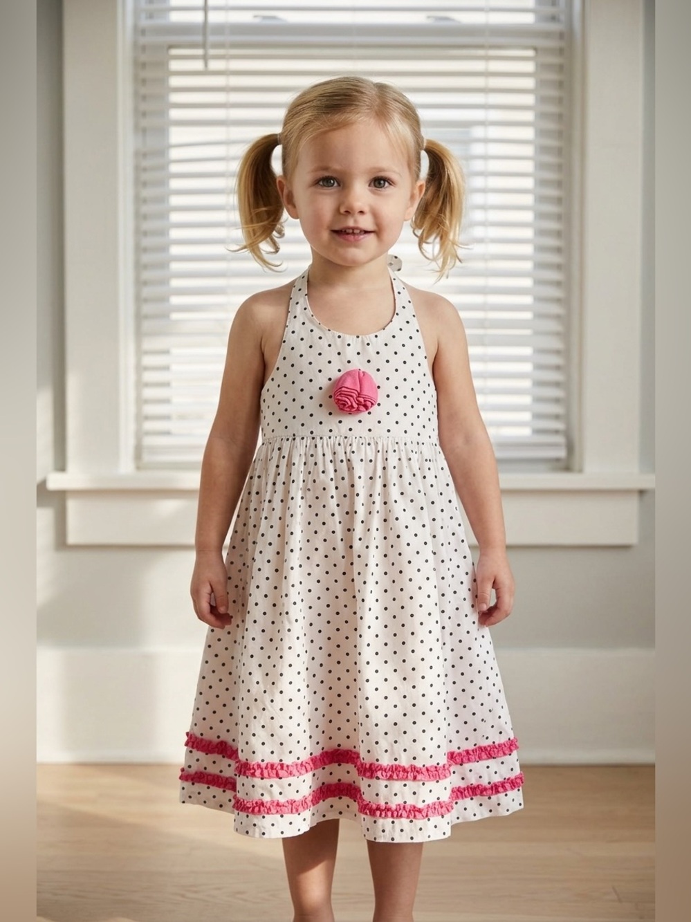 Janie and Jack Polka Dot Halter Sundress Pink Ruffle Trim Girls 4T